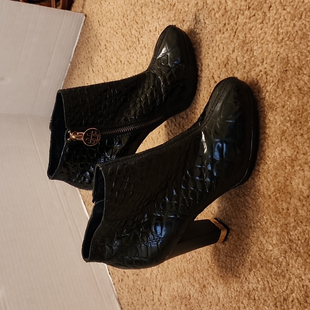 Tory Burch Leigh Patent Leather Croc Quilted Ankle Boots